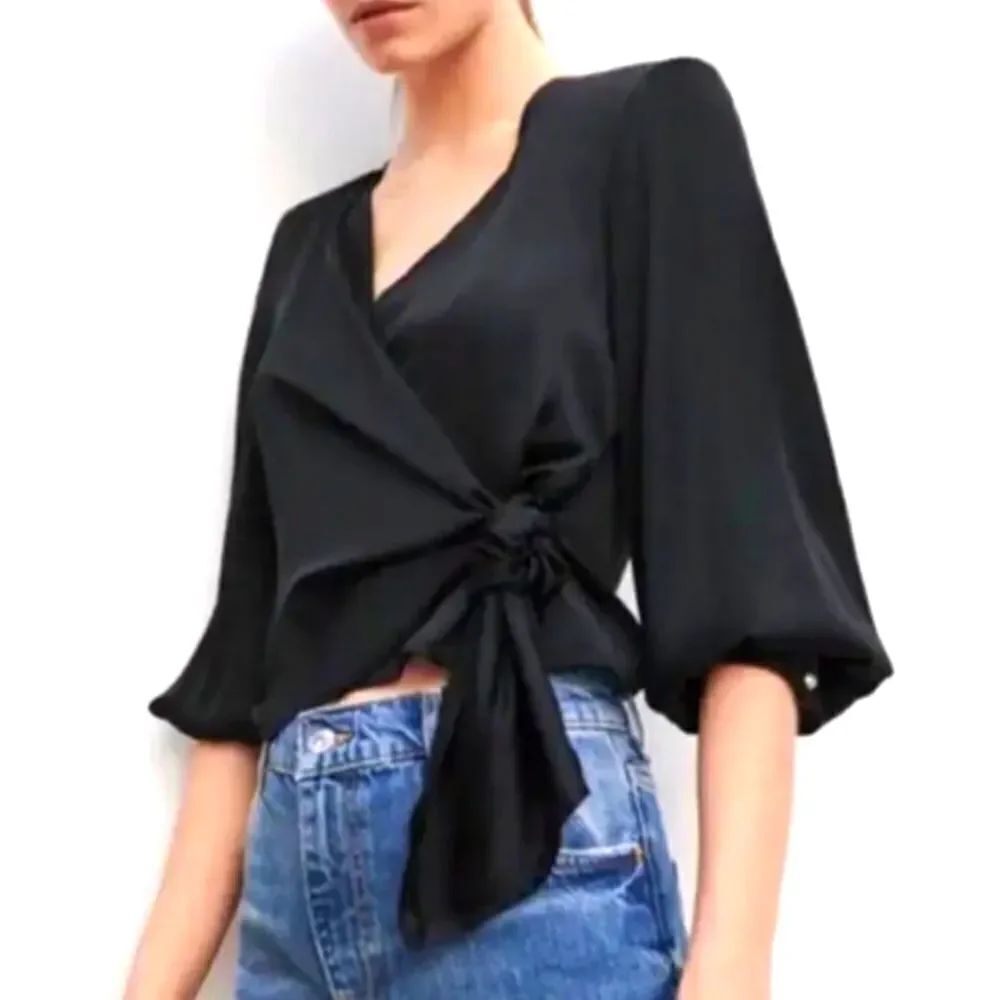Zara Wrap Top Black With Pearl Cuff Buttons, Medium